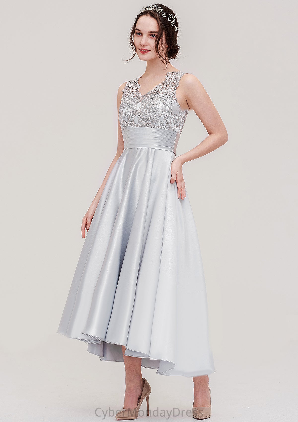 Sleeveless V Neck Asymmetrical Satin A-line/Princess Bridesmaid Dresses With Pleated Lace Rhianna DTP0025468