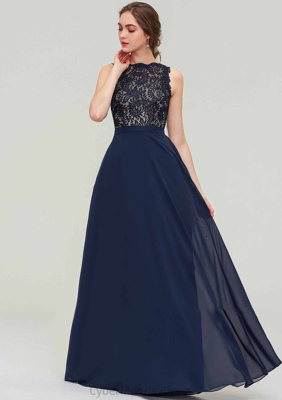 Sleeveless Bateau Long/Floor-Length  Chiffon A-line/Princess Bridesmaid Dresses With Sashes Lace Izabelle DTP0025471