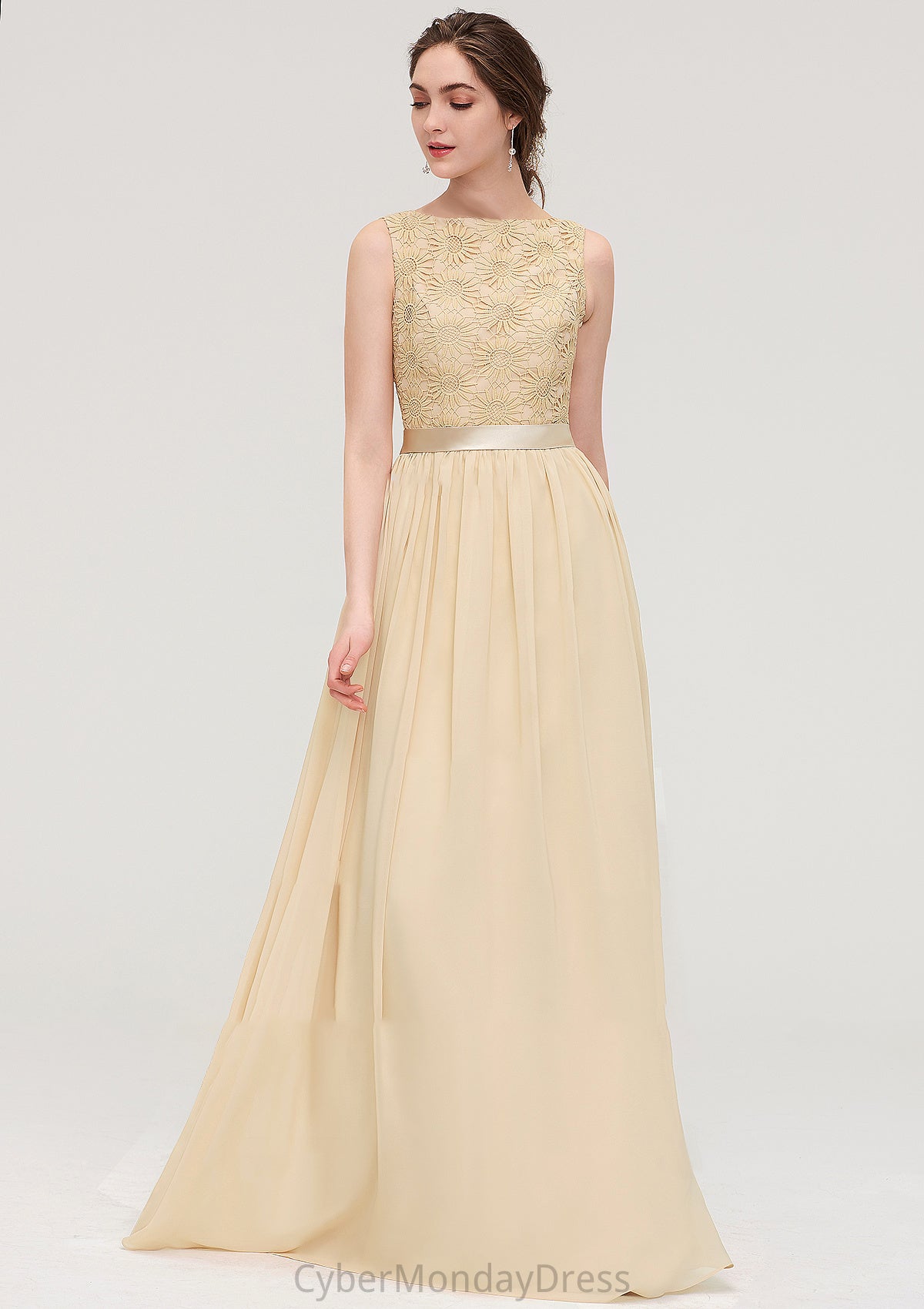 Bateau Sleeveless A-line/Princess Chiffon Long/Floor-Length Bridesmaid Dresses With Sashes Lace Chasity DTP0025472