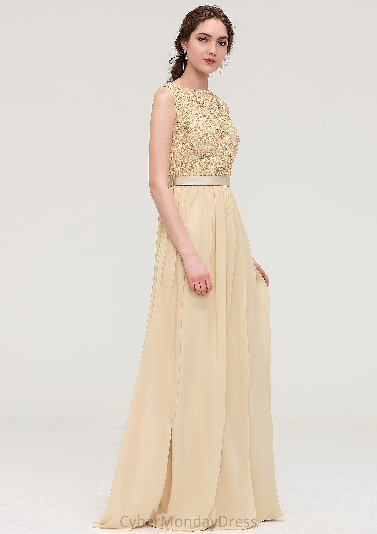 Bateau Sleeveless A-line/Princess Chiffon Long/Floor-Length Bridesmaid Dresses With Sashes Lace Chasity DTP0025472