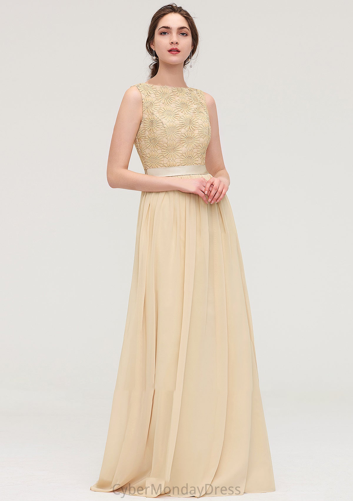 Bateau Sleeveless A-line/Princess Chiffon Long/Floor-Length Bridesmaid Dresses With Sashes Lace Chasity DTP0025472