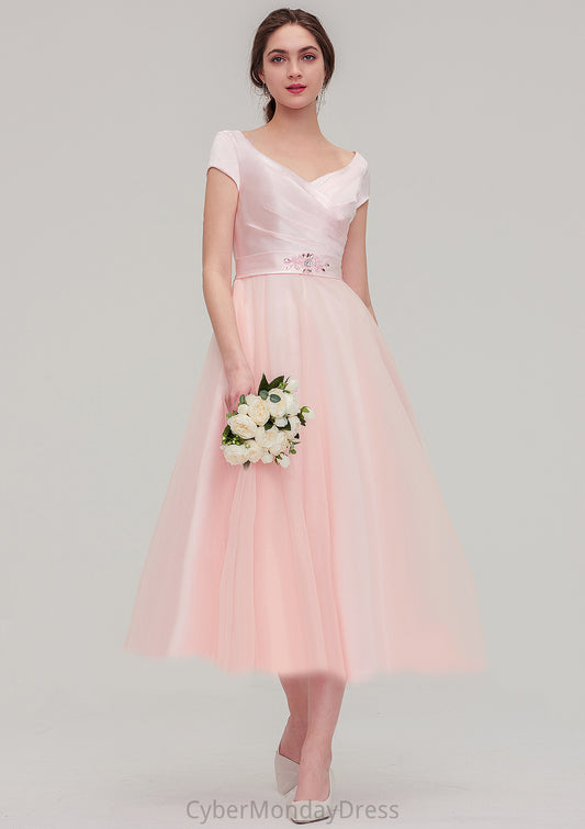 Sweetheart Short Sleeve Tea-Length Tulle A-line/Princess Bridesmaid Dresses With Waistband Beading Pleated Caitlin DTP0025473