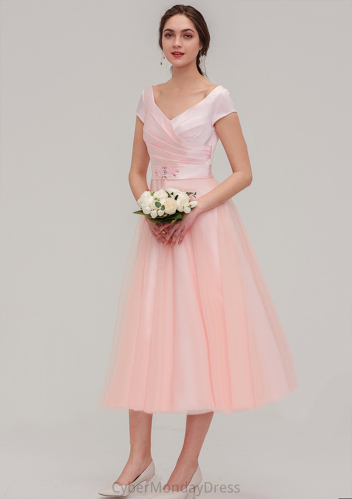 Sweetheart Short Sleeve Tea-Length Tulle A-line/Princess Bridesmaid Dresses With Waistband Beading Pleated Caitlin DTP0025473