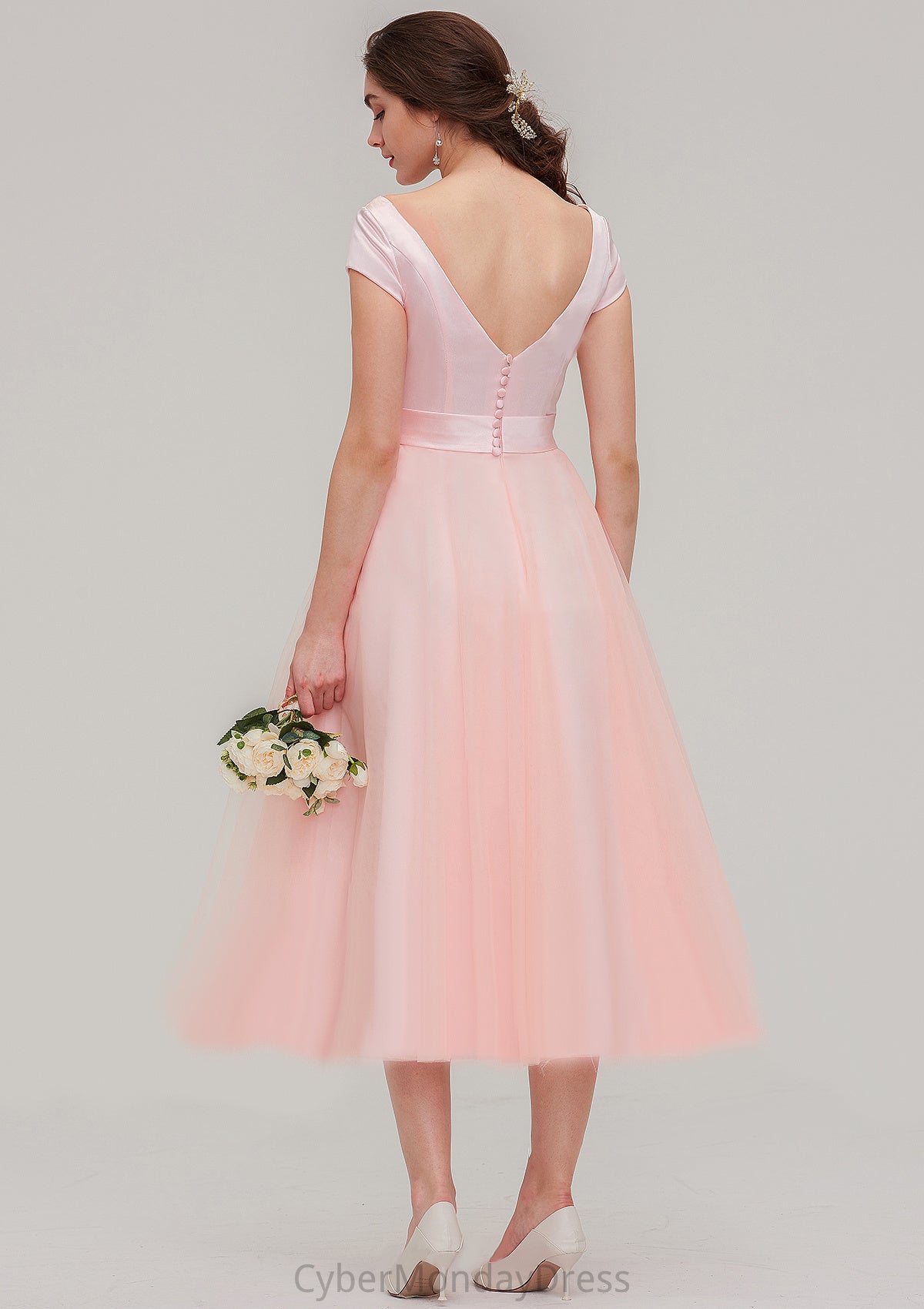 Sweetheart Short Sleeve Tea-Length Tulle A-line/Princess Bridesmaid Dresses With Waistband Beading Pleated Caitlin DTP0025473