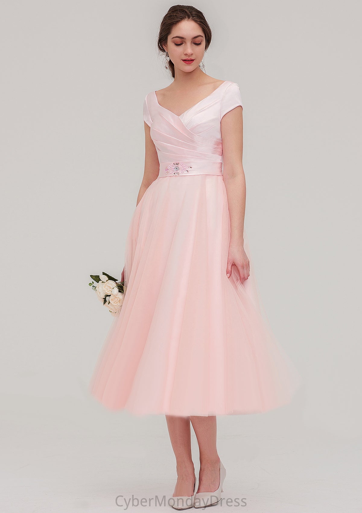 Sweetheart Short Sleeve Tea-Length Tulle A-line/Princess Bridesmaid Dresses With Waistband Beading Pleated Caitlin DTP0025473