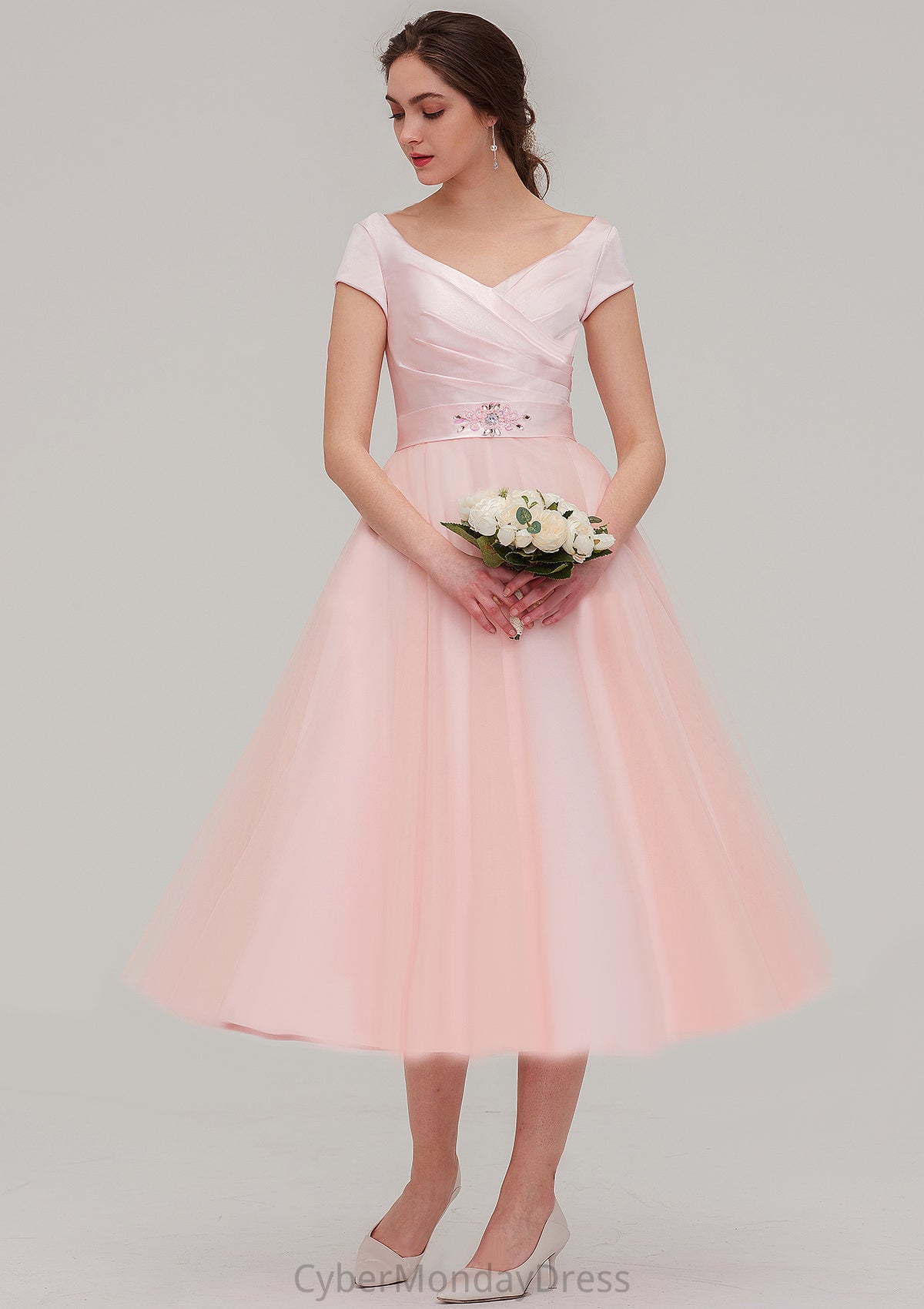 Sweetheart Short Sleeve Tea-Length Tulle A-line/Princess Bridesmaid Dresses With Waistband Beading Pleated Caitlin DTP0025473