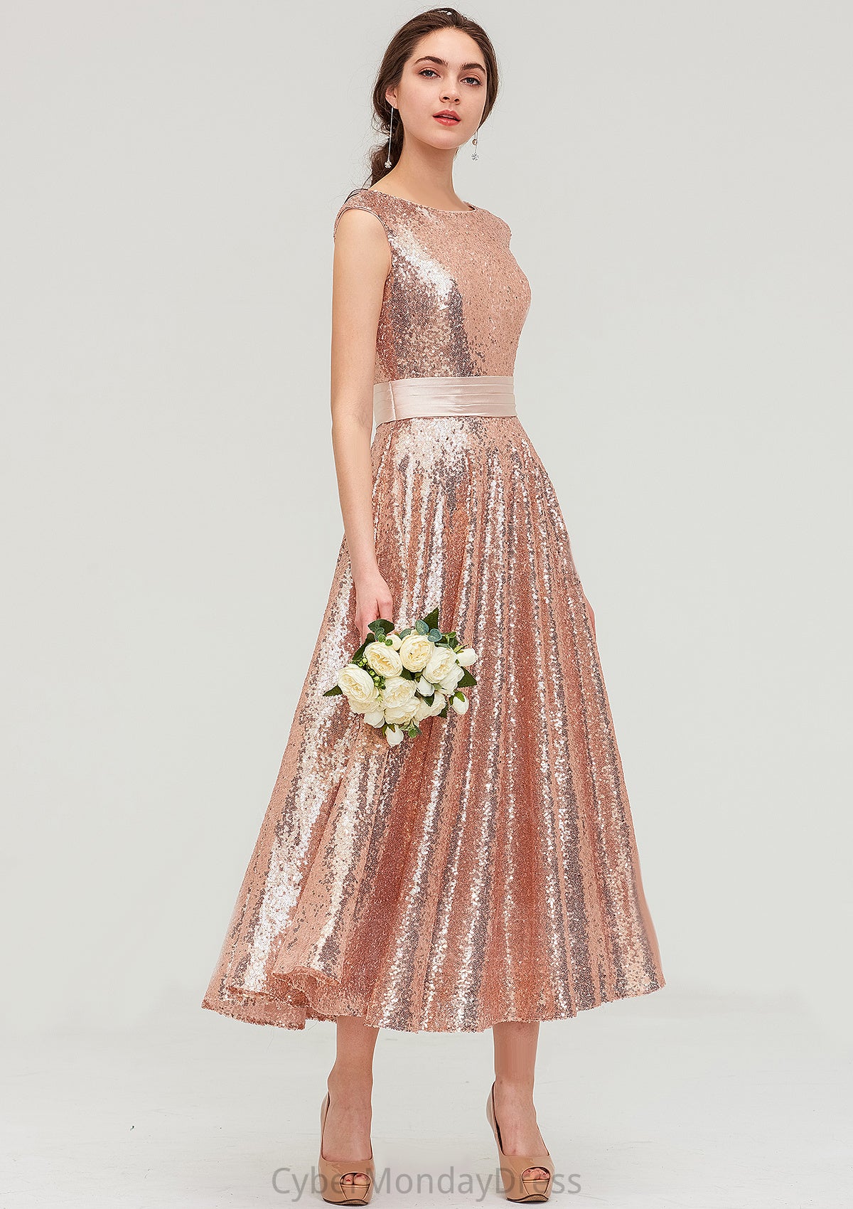 Bateau Sleeveless Tea-Length Sequined A-line/Princess Bridesmaid Dresses With Sashes Hannah DTP0025474