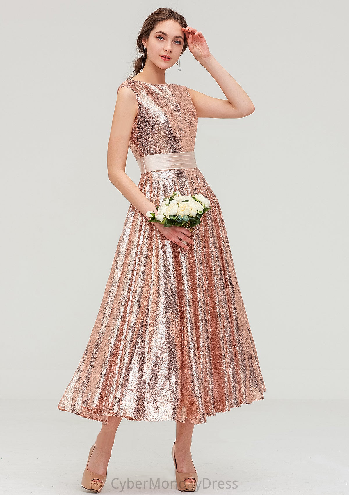 Bateau Sleeveless Tea-Length Sequined A-line/Princess Bridesmaid Dresses With Sashes Hannah DTP0025474