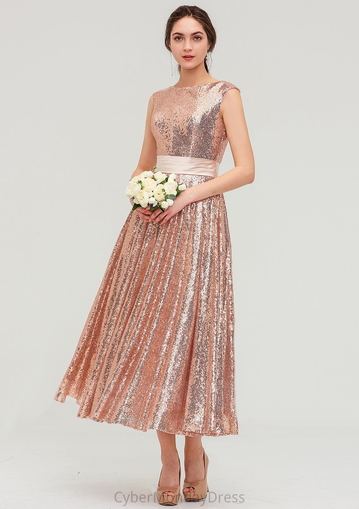 Bateau Sleeveless Tea-Length Sequined A-line/Princess Bridesmaid Dresses With Sashes Hannah DTP0025474