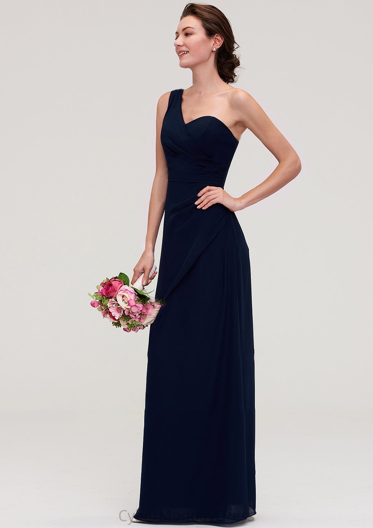 Sleeveless One-Shoulder A-line/Princess Chiffon Long/Floor-Length Bridesmaid Dresses With Pleated Nicole DTP0025475