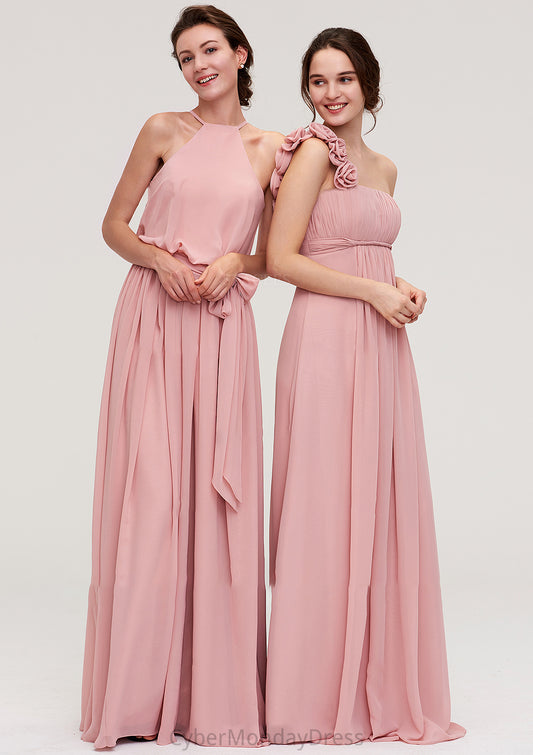 Sleeveless Scoop Neck A-line/Princess Chiffon Long/Floor-Length Bridesmaid Dresseses With Pleated Sashes Ashleigh DTP0025476