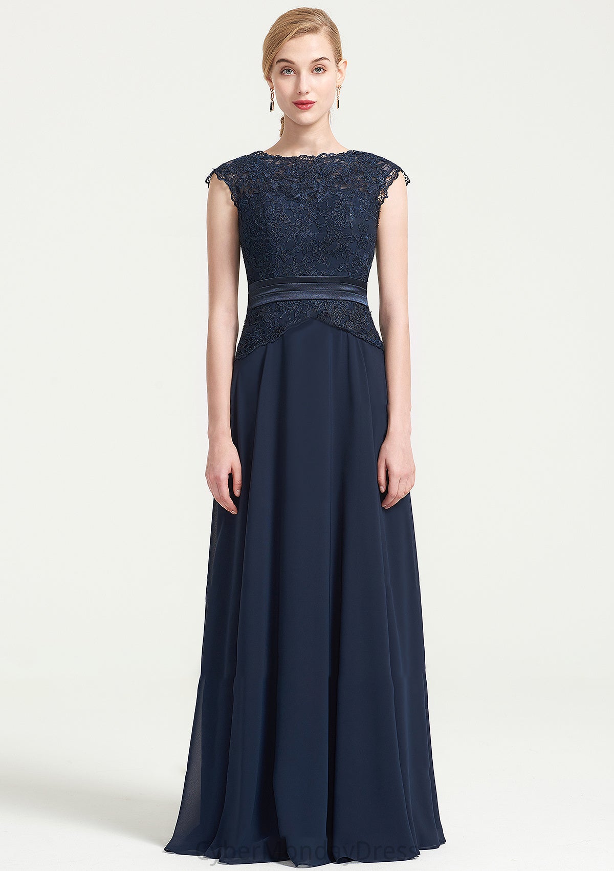 Bateau Sleeveless A-line/Princess Chiffon Long/Floor-Length Bridesmaid Dresses With Sashes Lace Pleated Alyssa DTP0025480