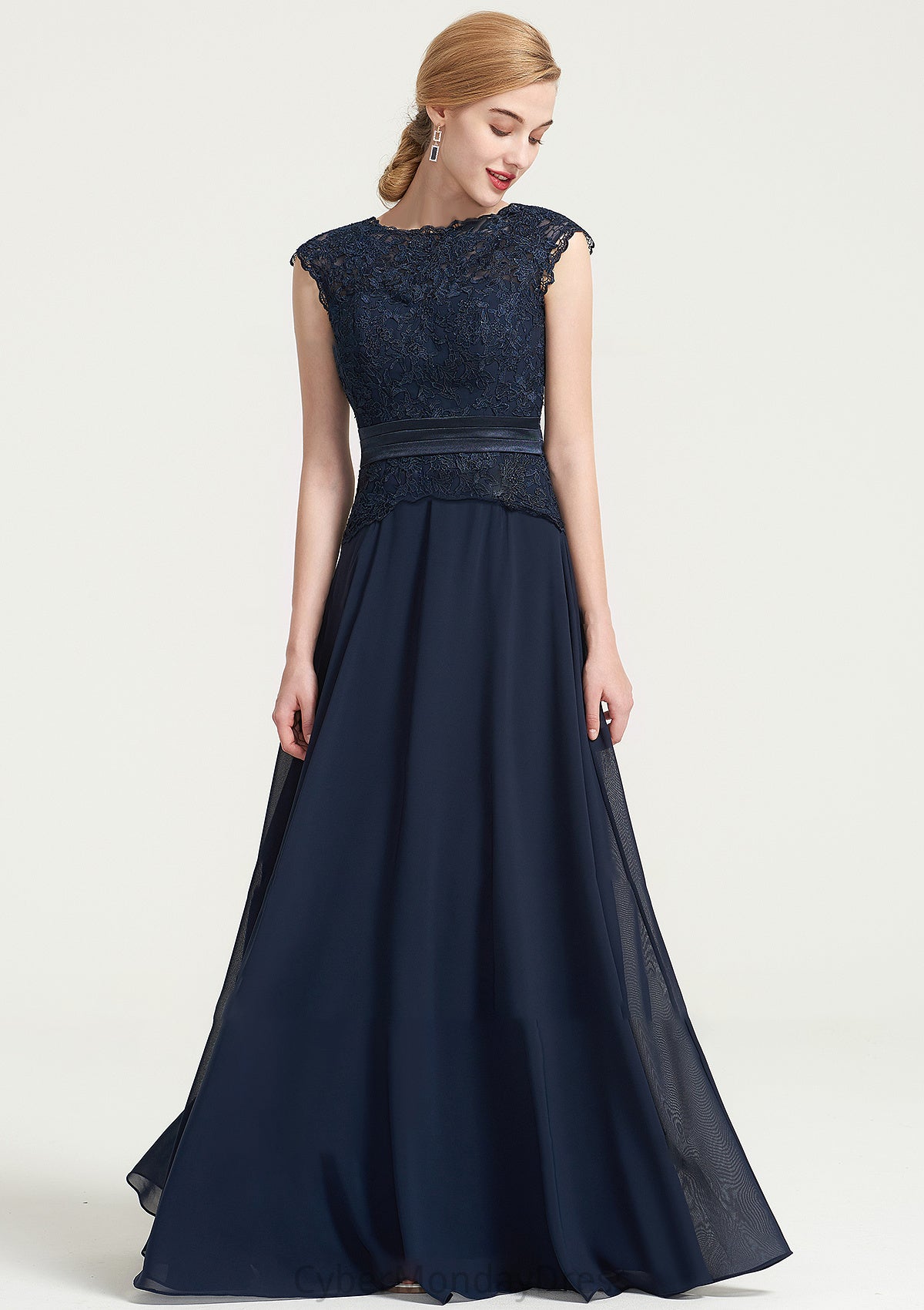 Bateau Sleeveless A-line/Princess Chiffon Long/Floor-Length Bridesmaid Dresses With Sashes Lace Pleated Alyssa DTP0025480