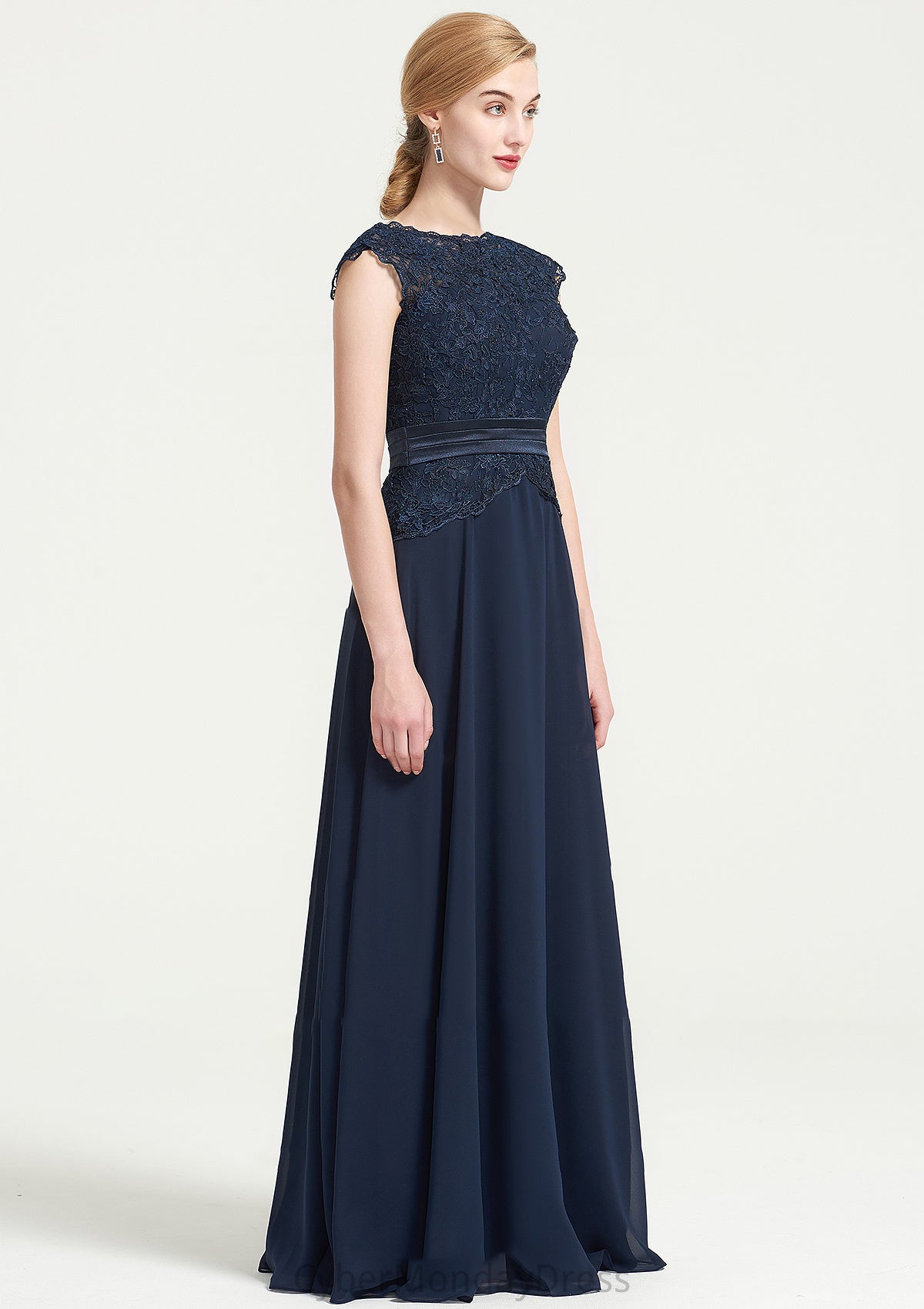 Bateau Sleeveless A-line/Princess Chiffon Long/Floor-Length Bridesmaid Dresses With Sashes Lace Pleated Alyssa DTP0025480