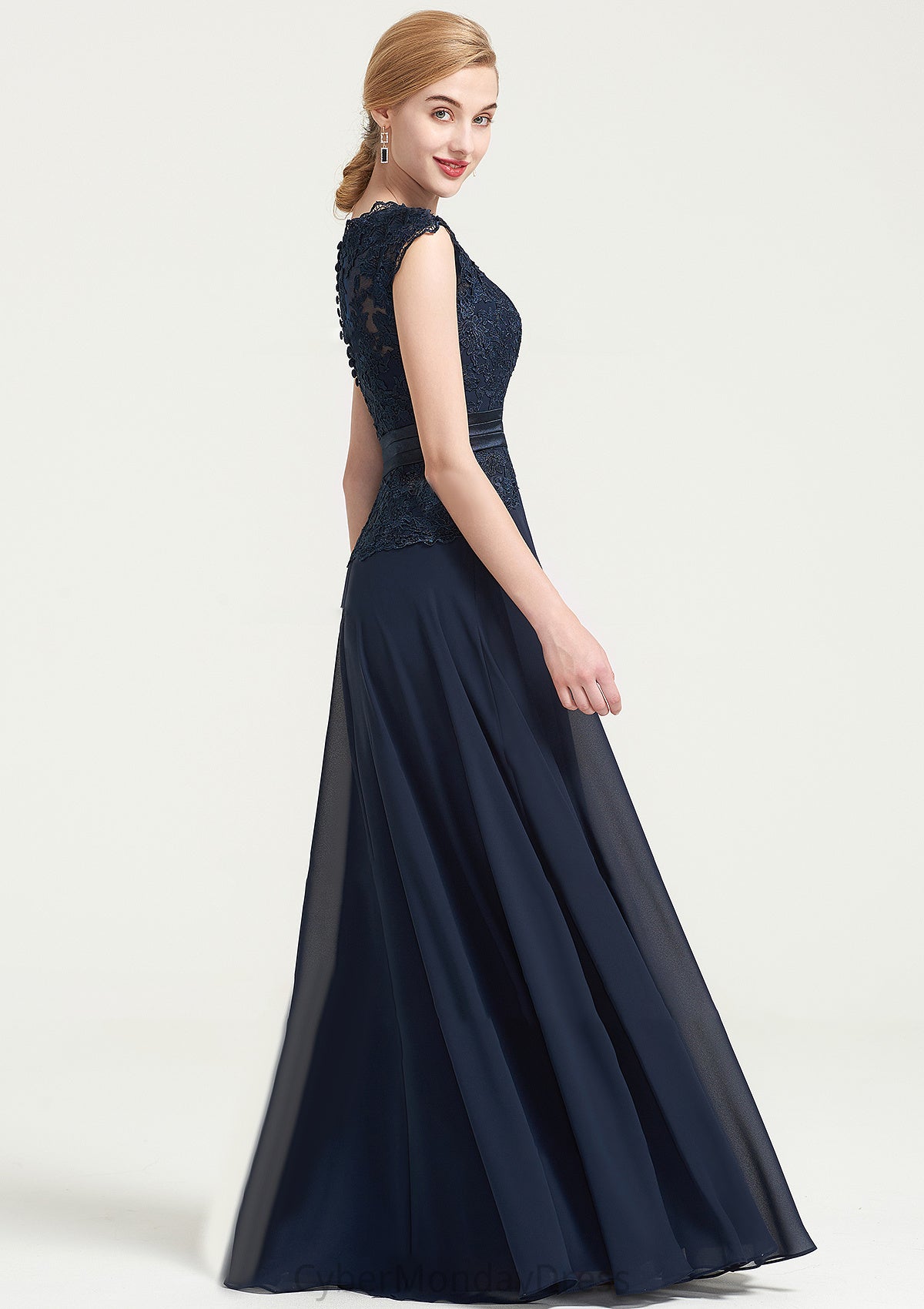 Bateau Sleeveless A-line/Princess Chiffon Long/Floor-Length Bridesmaid Dresses With Sashes Lace Pleated Alyssa DTP0025480