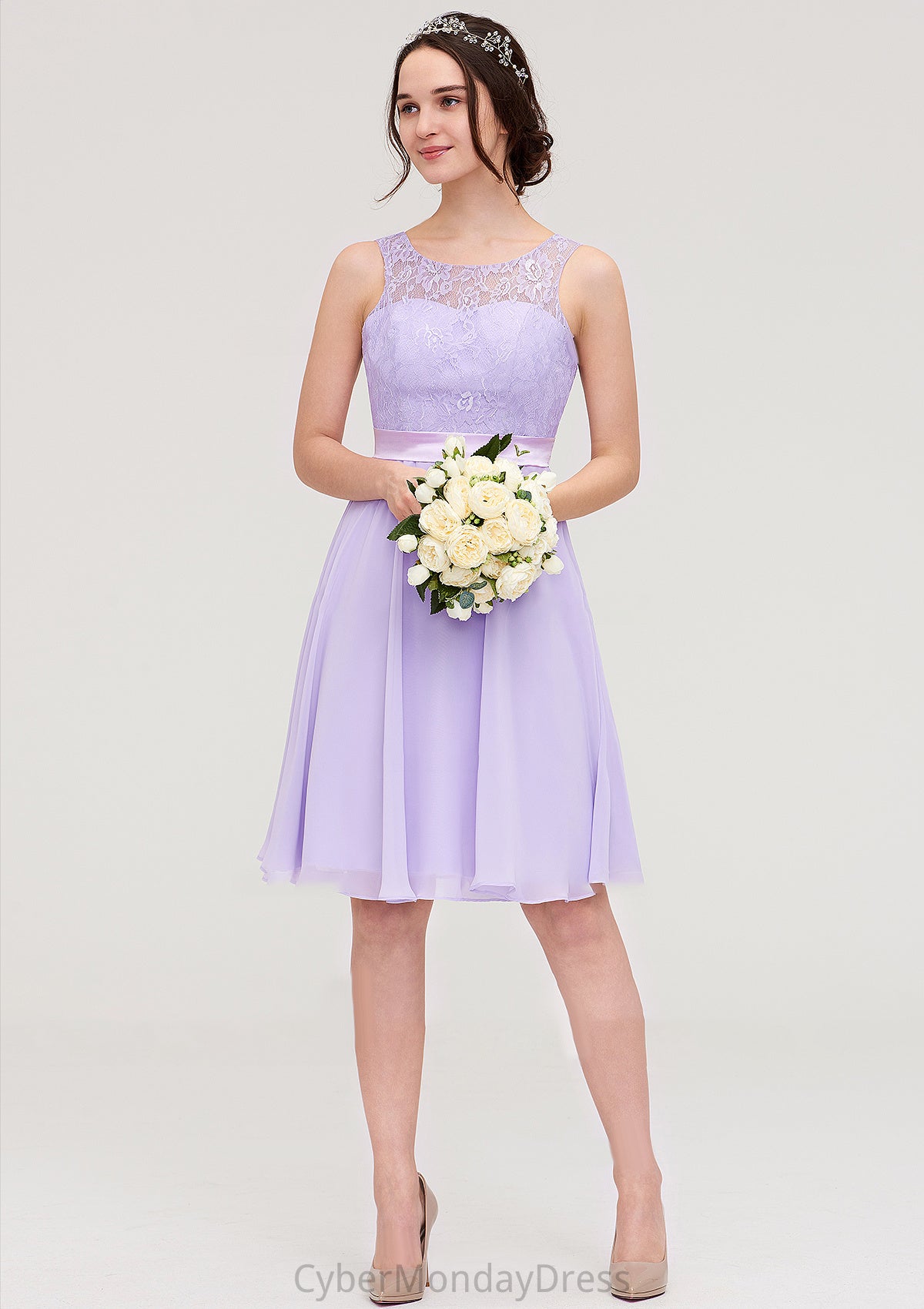 Sleeveless Knee-Length Chiffon A-line/Princess Bridesmaid Dresses With Sashes Lace Kaitlyn DTP0025481