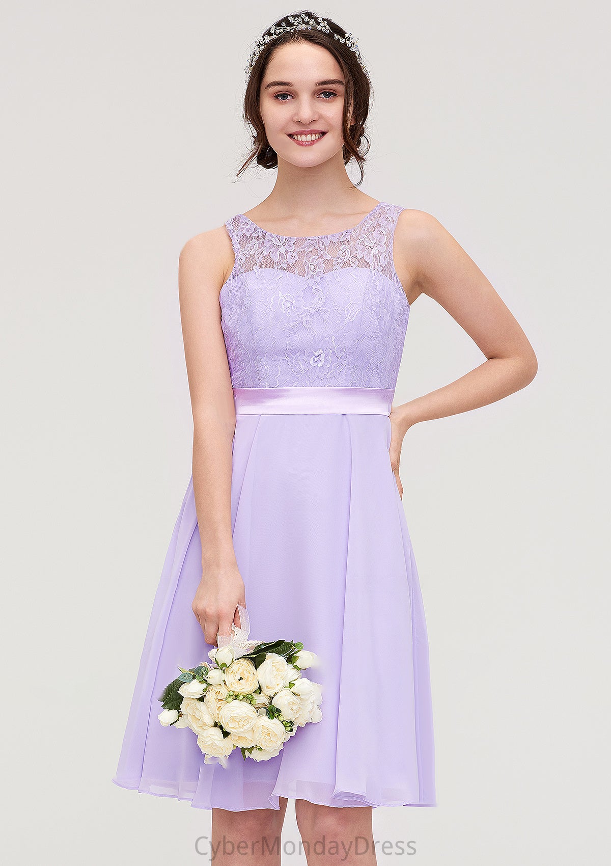 Sleeveless Knee-Length Chiffon A-line/Princess Bridesmaid Dresses With Sashes Lace Kaitlyn DTP0025481