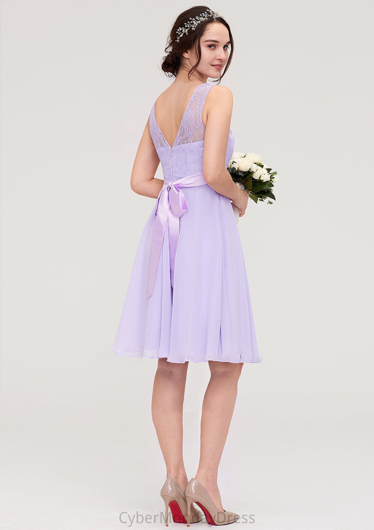 Sleeveless Knee-Length Chiffon A-line/Princess Bridesmaid Dresses With Sashes Lace Kaitlyn DTP0025481