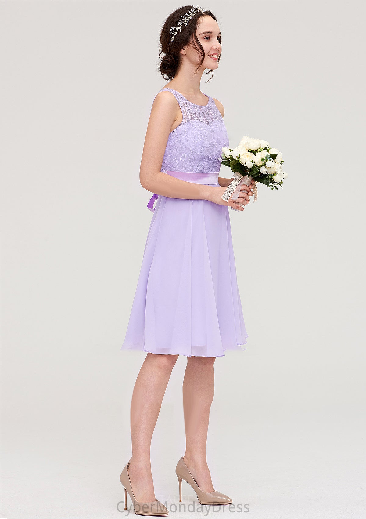 Sleeveless Knee-Length Chiffon A-line/Princess Bridesmaid Dresses With Sashes Lace Kaitlyn DTP0025481