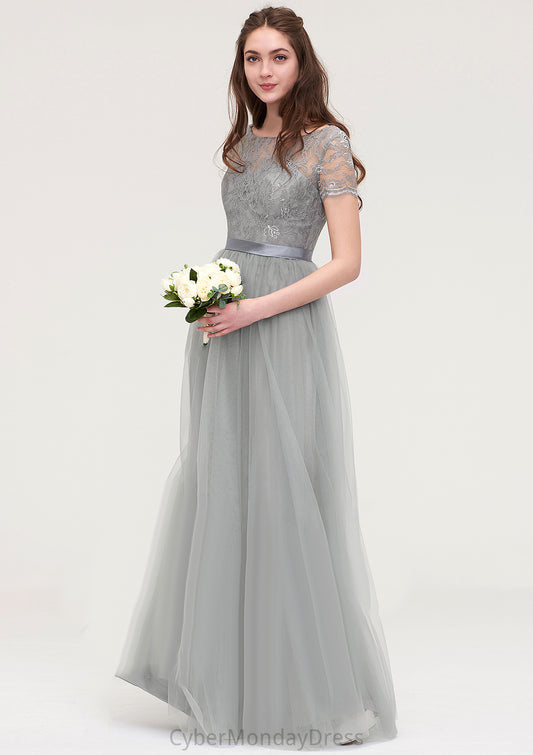 Bateau Short Sleeve Long/Floor-Length Tulle A-line/Princess Bridesmaid Dresses With Sashes Lace Giselle DTP0025482