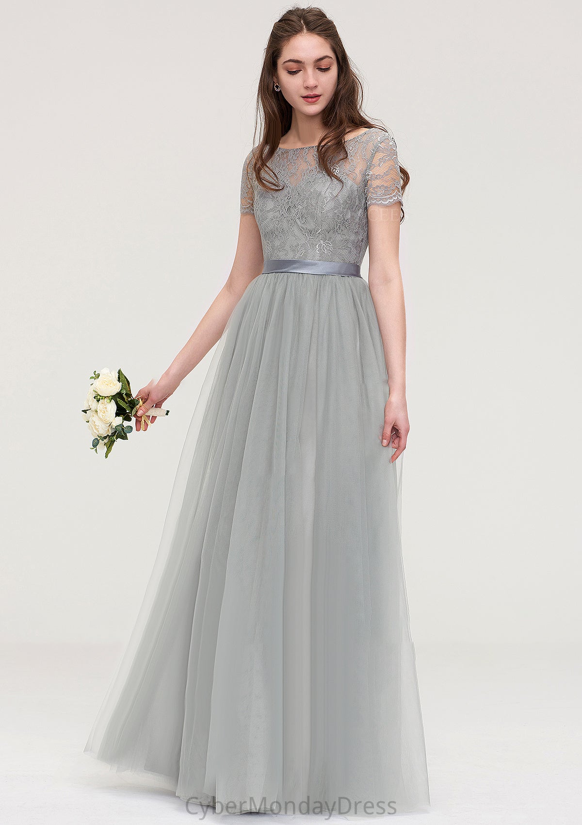 Bateau Short Sleeve Long/Floor-Length Tulle A-line/Princess Bridesmaid Dresses With Sashes Lace Giselle DTP0025482