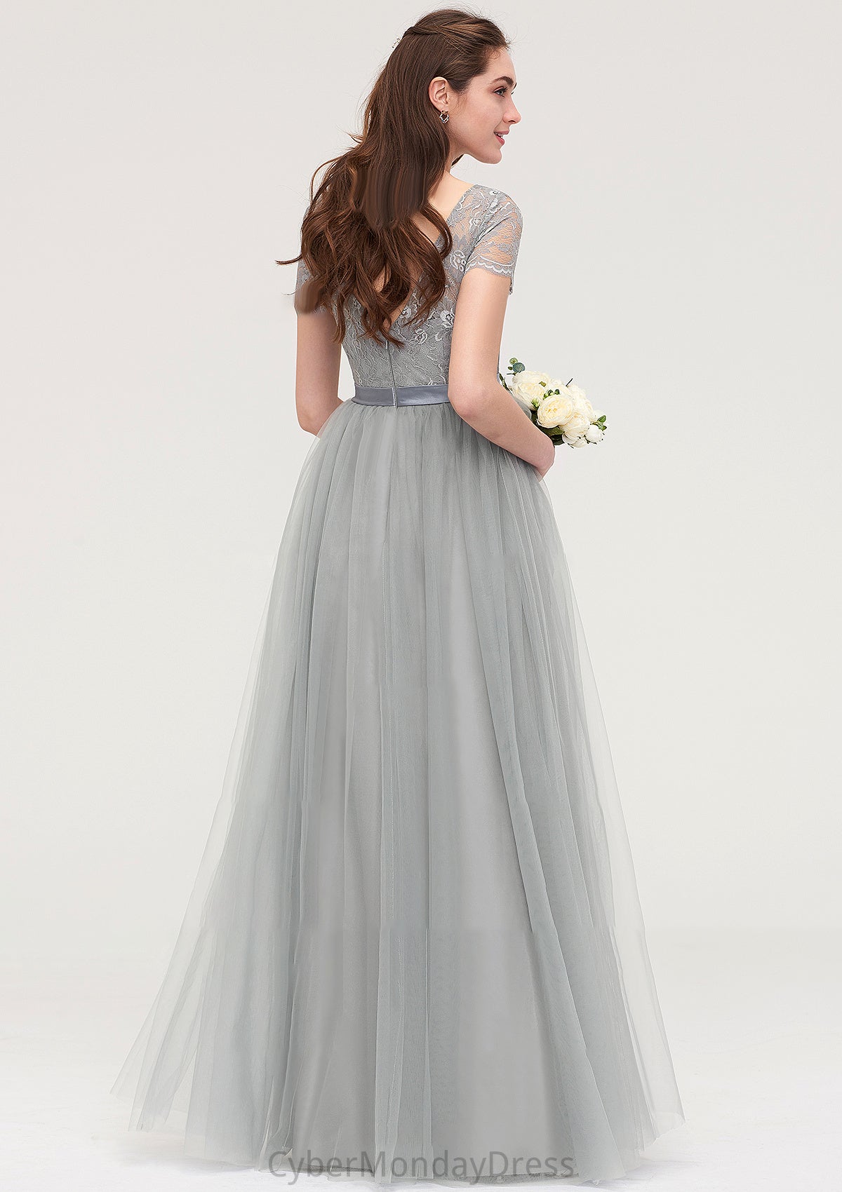 Bateau Short Sleeve Long/Floor-Length Tulle A-line/Princess Bridesmaid Dresses With Sashes Lace Giselle DTP0025482