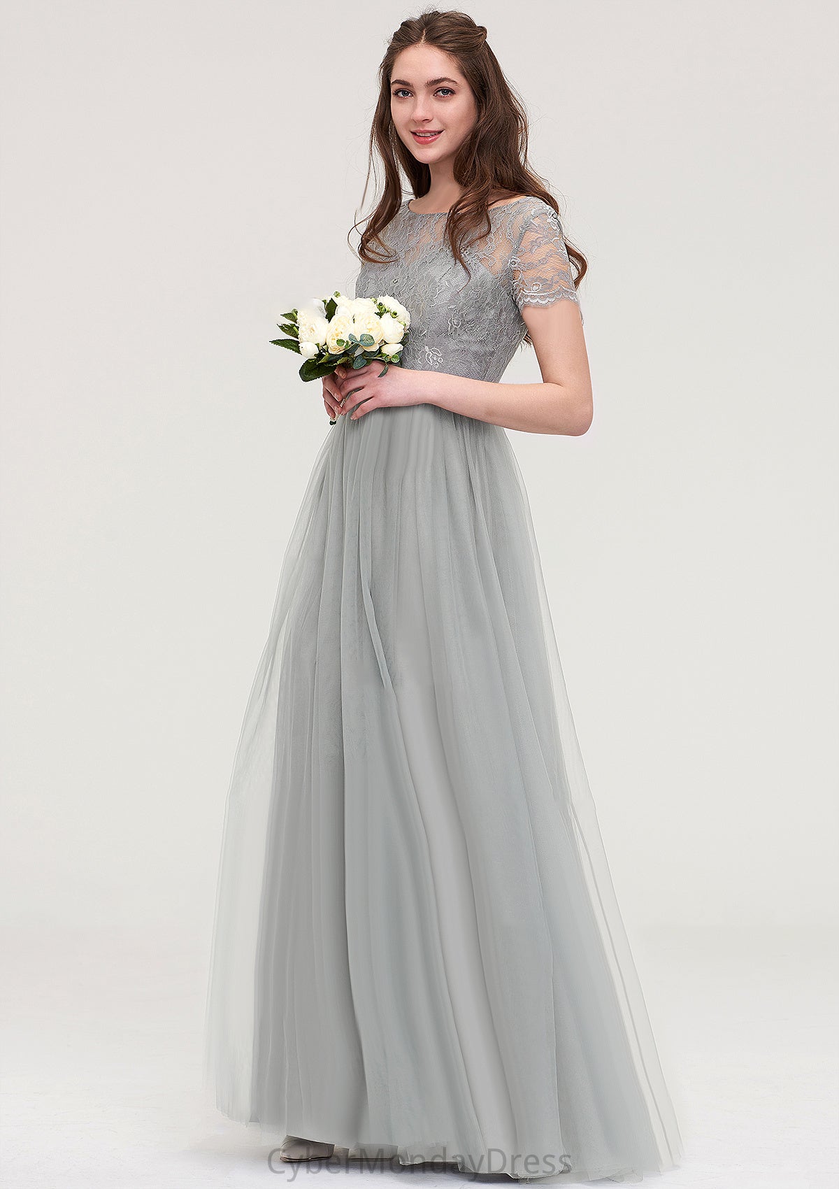 Bateau Short Sleeve Long/Floor-Length Tulle A-line/Princess Bridesmaid Dresses With Sashes Lace Giselle DTP0025482