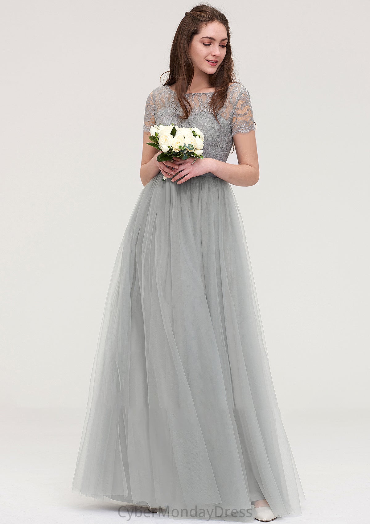 Bateau Short Sleeve Long/Floor-Length Tulle A-line/Princess Bridesmaid Dresses With Sashes Lace Giselle DTP0025482