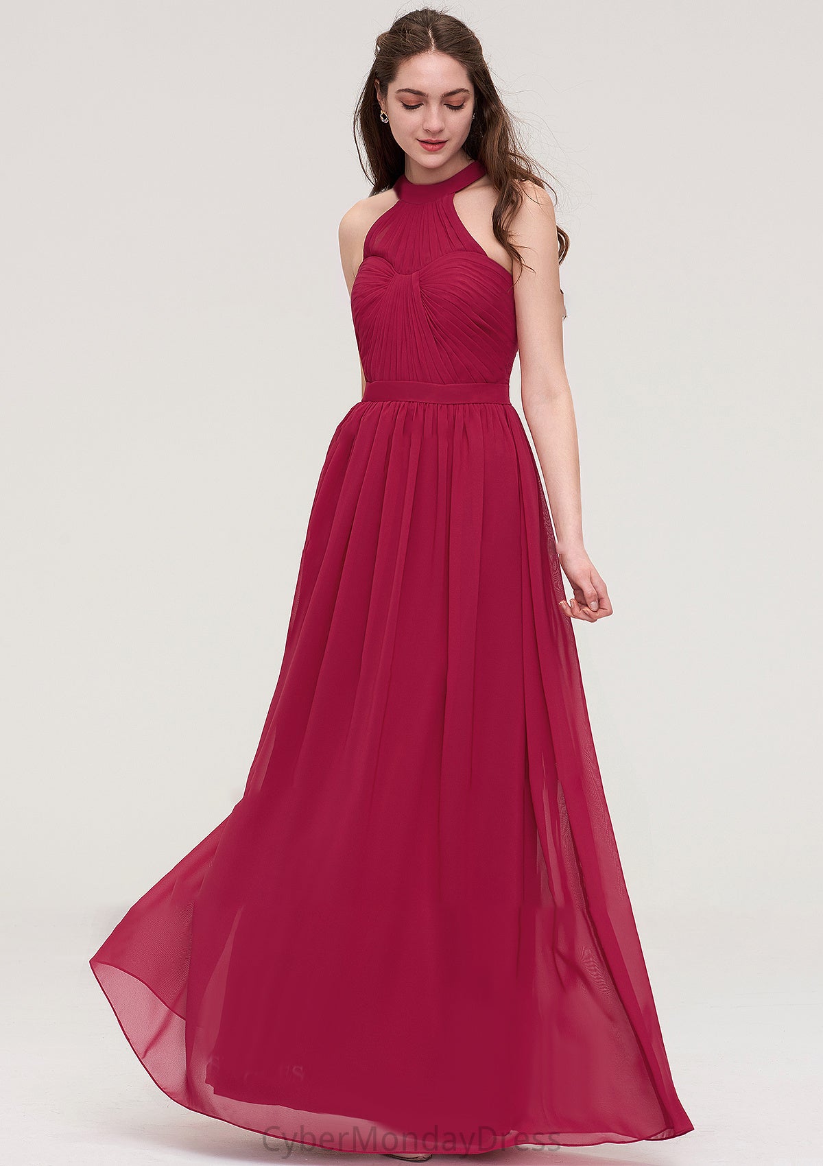 Halter Sleeveless Long/Floor-Length Chiffon A-line/Princess Bridesmaid Dresses With Pleated Patti DTP0025483