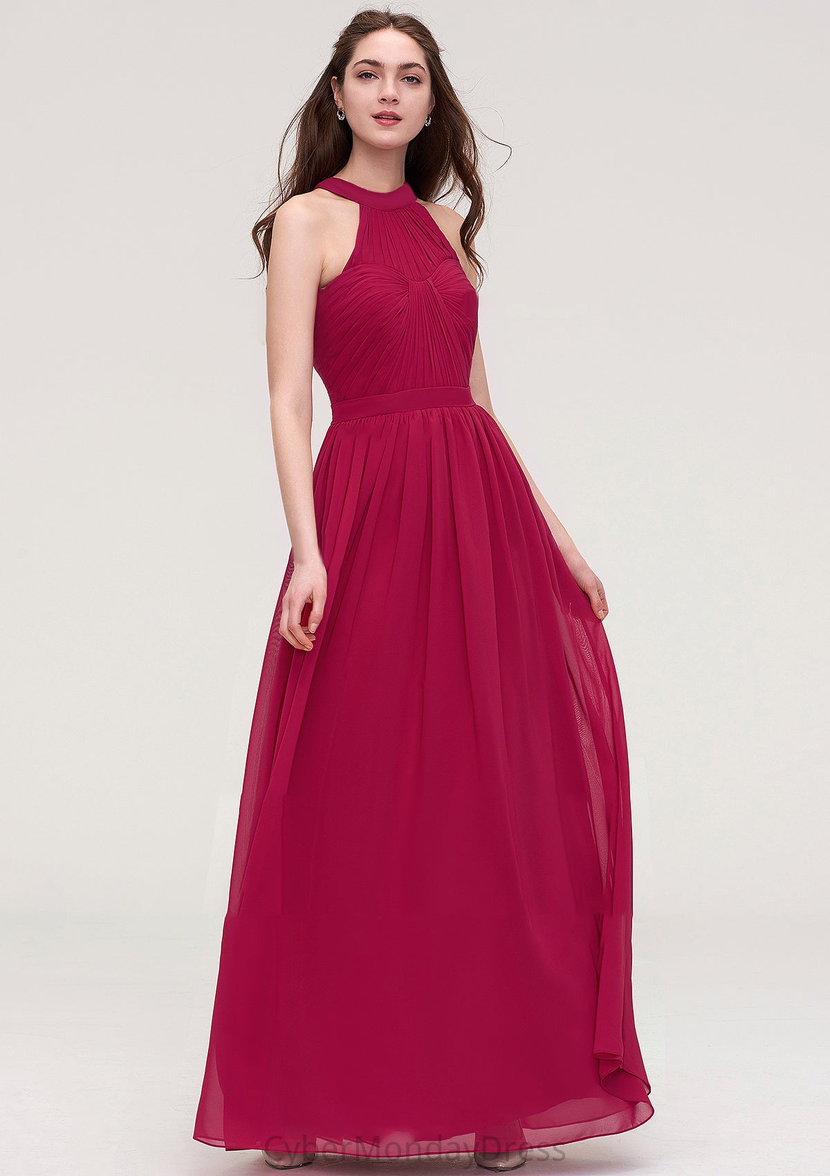 Halter Sleeveless Long/Floor-Length Chiffon A-line/Princess Bridesmaid Dresses With Pleated Patti DTP0025483