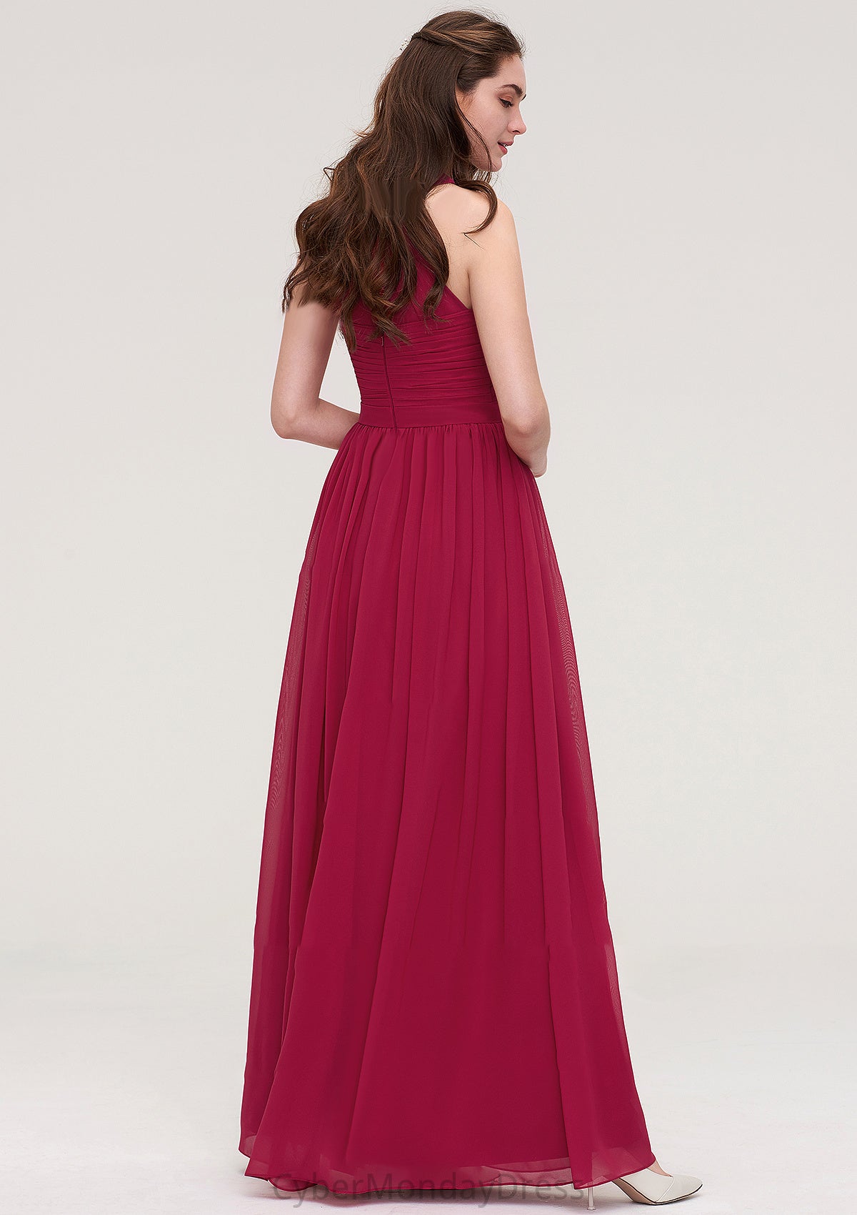 Halter Sleeveless Long/Floor-Length Chiffon A-line/Princess Bridesmaid Dresses With Pleated Patti DTP0025483