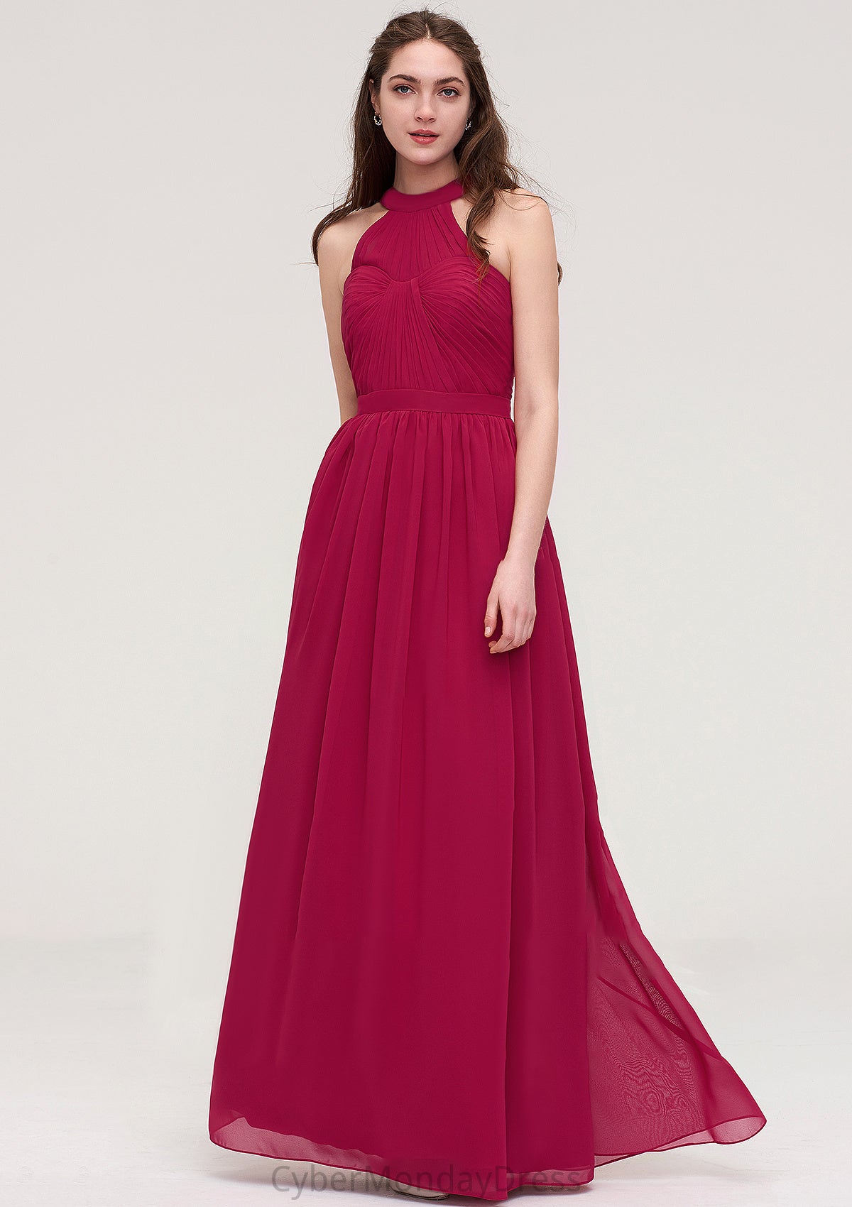 Halter Sleeveless Long/Floor-Length Chiffon A-line/Princess Bridesmaid Dresses With Pleated Patti DTP0025483