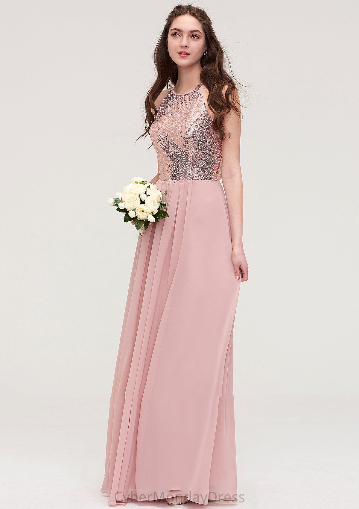 Sleeveless Bateau Long/Floor-Length Chiffon A-line/Princess Bridesmaid Dresses With Sequins Rosie DTP0025484