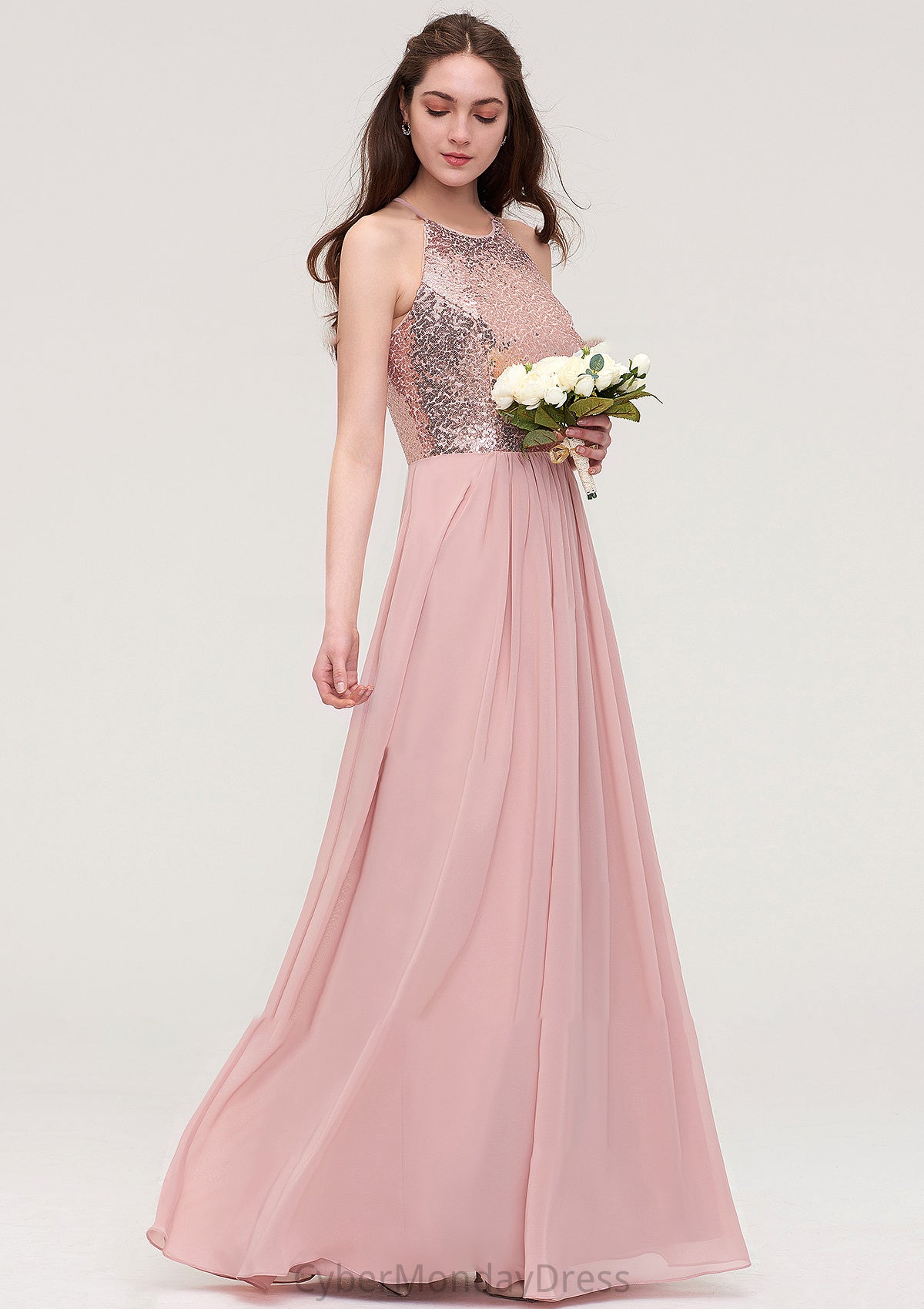 Sleeveless Bateau Long/Floor-Length Chiffon A-line/Princess Bridesmaid Dresses With Sequins Rosie DTP0025484