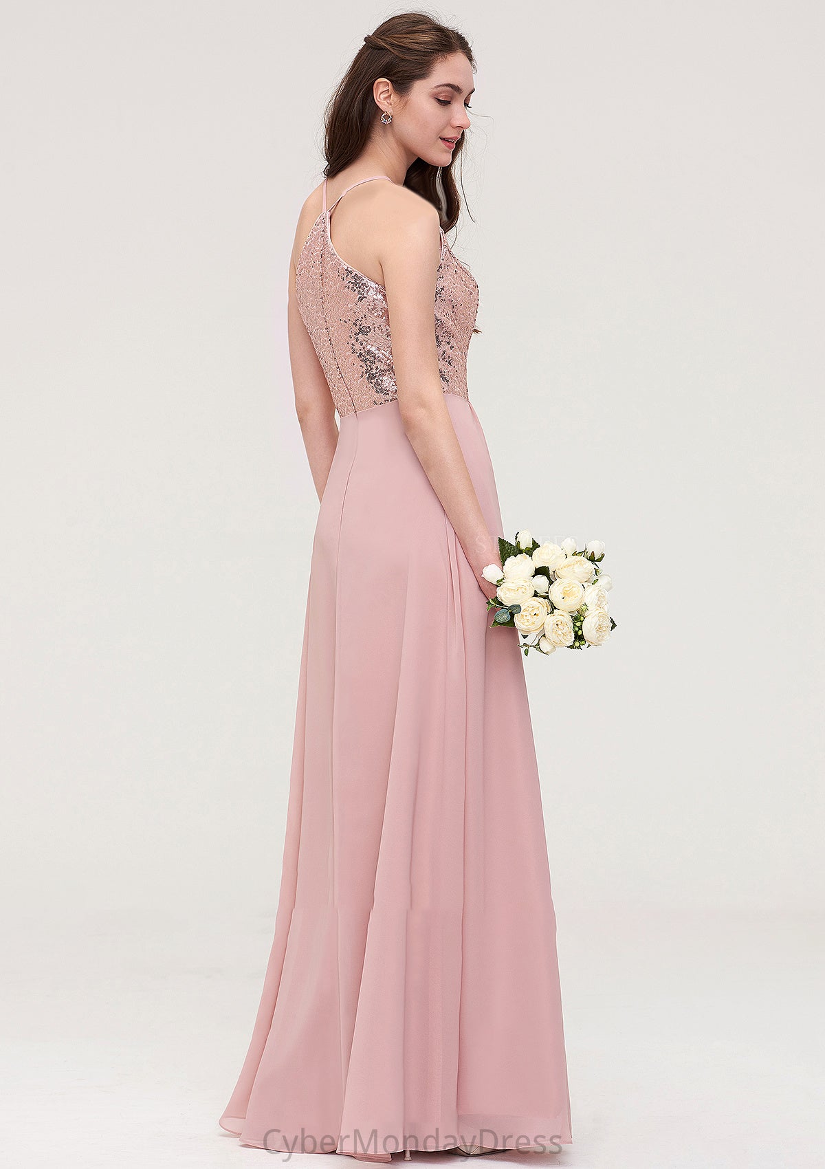 Sleeveless Bateau Long/Floor-Length Chiffon A-line/Princess Bridesmaid Dresses With Sequins Rosie DTP0025484