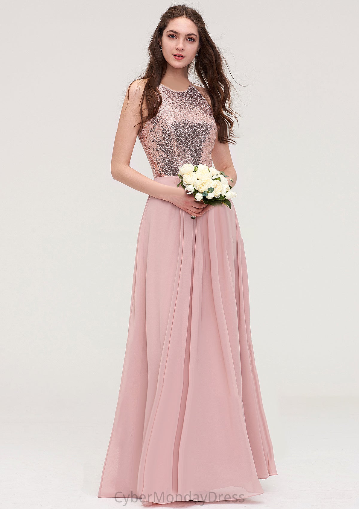 Sleeveless Bateau Long/Floor-Length Chiffon A-line/Princess Bridesmaid Dresses With Sequins Rosie DTP0025484