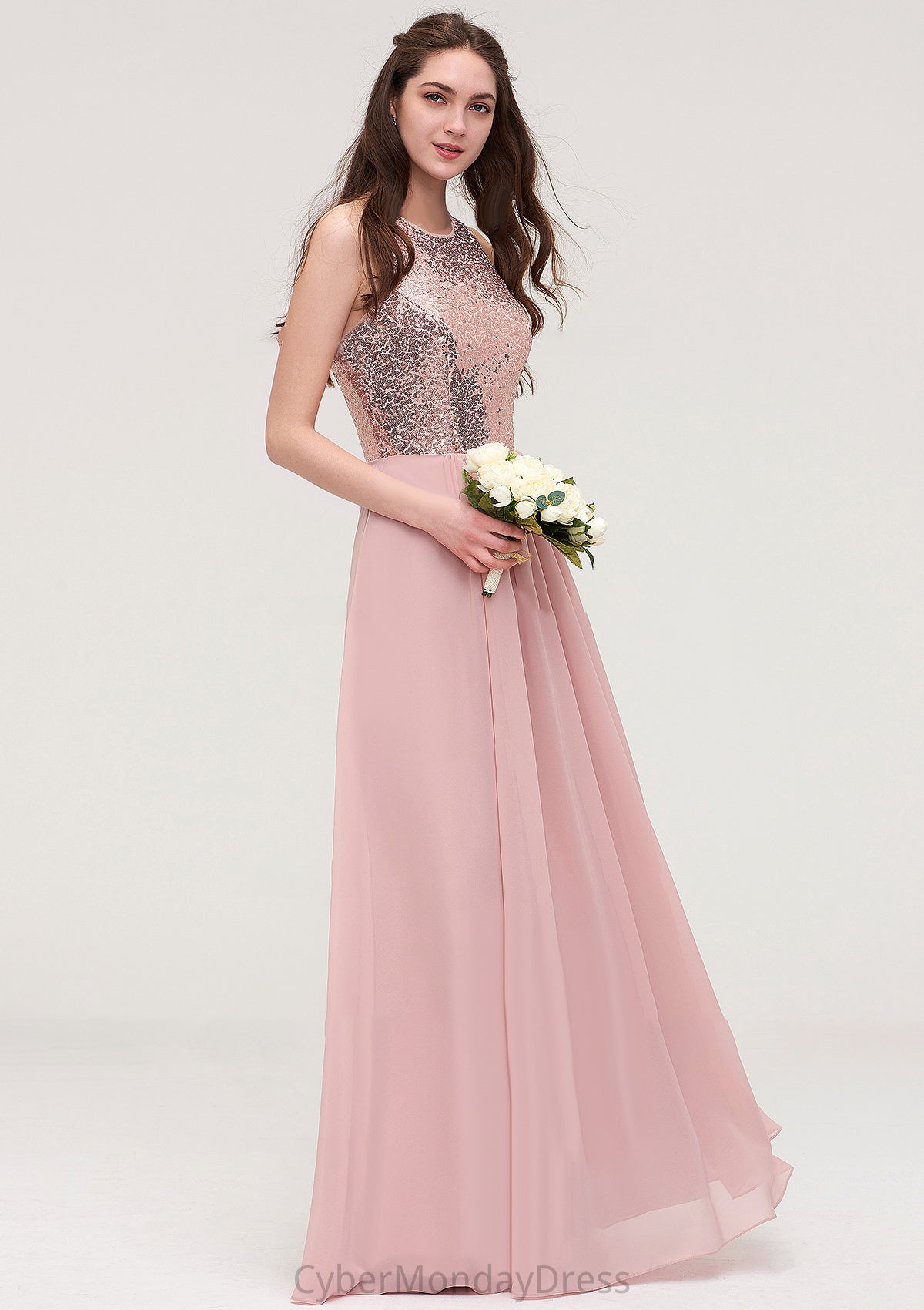 Sleeveless Bateau Long/Floor-Length Chiffon A-line/Princess Bridesmaid Dresses With Sequins Rosie DTP0025484