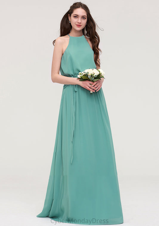 High-Neck Sleeveless Long/Floor-Length Chiffon A-line/Princess Bridesmaid Dresses With Sashes Eden DTP0025485