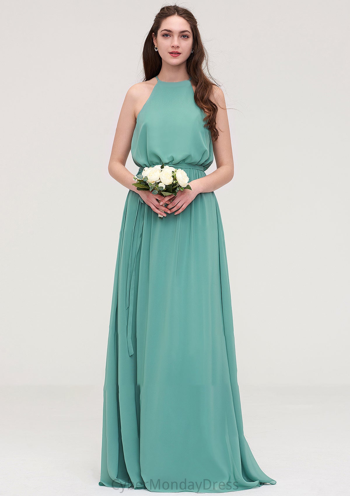 High-Neck Sleeveless Long/Floor-Length Chiffon A-line/Princess Bridesmaid Dresses With Sashes Eden DTP0025485