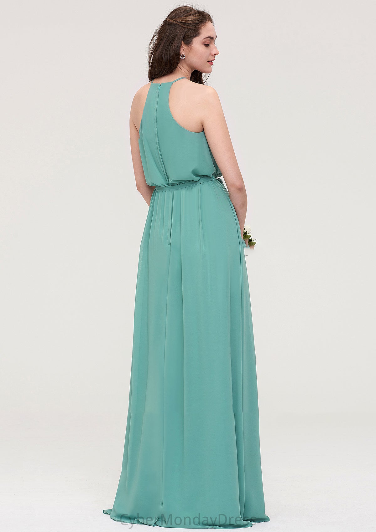 High-Neck Sleeveless Long/Floor-Length Chiffon A-line/Princess Bridesmaid Dresses With Sashes Eden DTP0025485