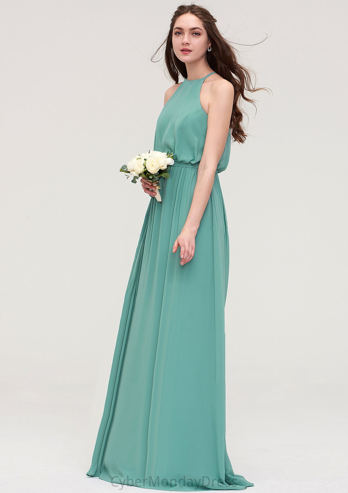 High-Neck Sleeveless Long/Floor-Length Chiffon A-line/Princess Bridesmaid Dresses With Sashes Eden DTP0025485