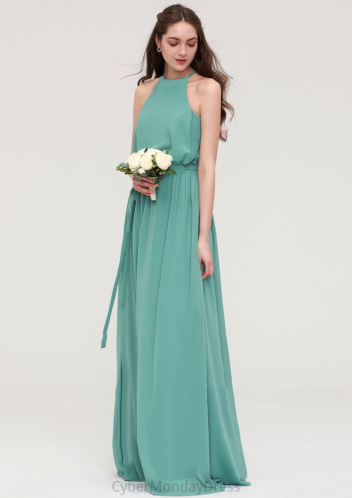 High-Neck Sleeveless Long/Floor-Length Chiffon A-line/Princess Bridesmaid Dresses With Sashes Eden DTP0025485