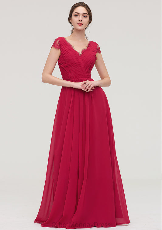 Sleeveless V Neck Long/Floor-Length Chiffon A-line/Princess Bridesmaid Dresses With Lace Pleated Mireya DTP0025486