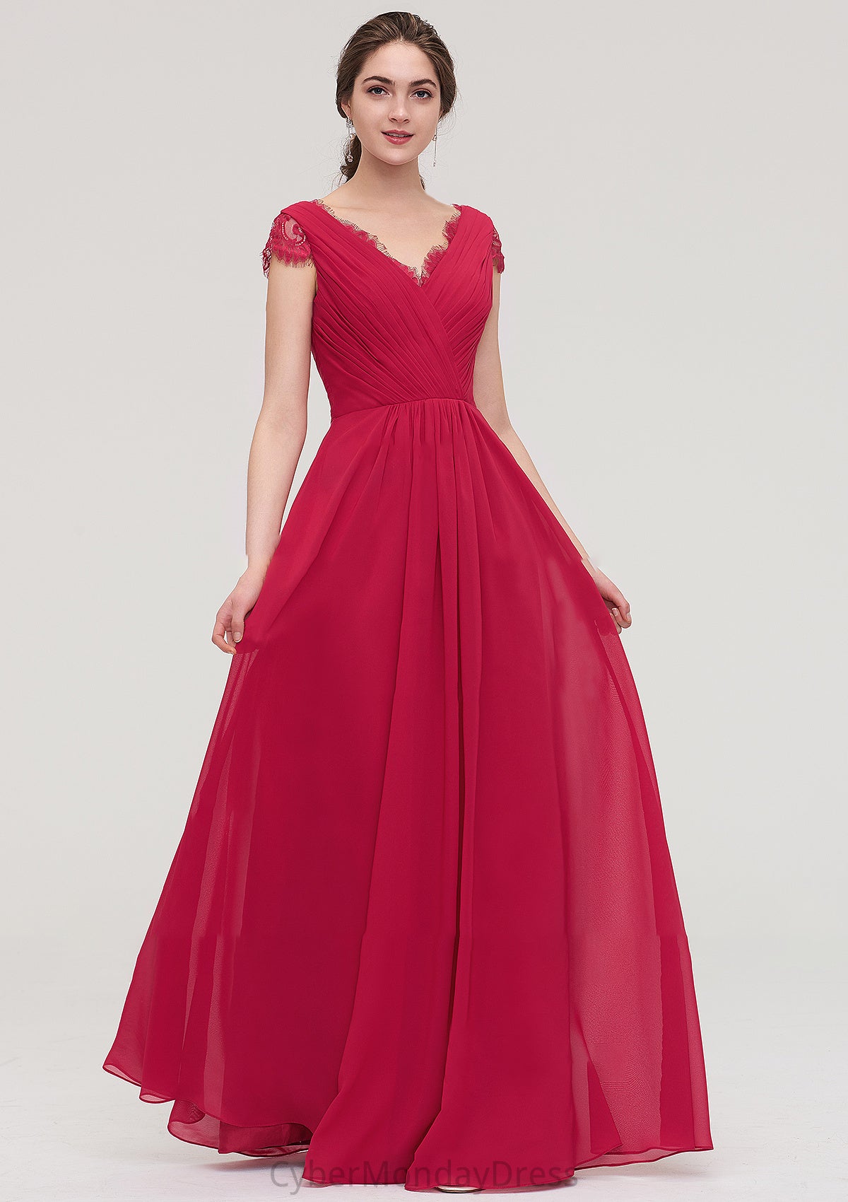 Sleeveless V Neck Long/Floor-Length Chiffon A-line/Princess Bridesmaid Dresses With Lace Pleated Mireya DTP0025486