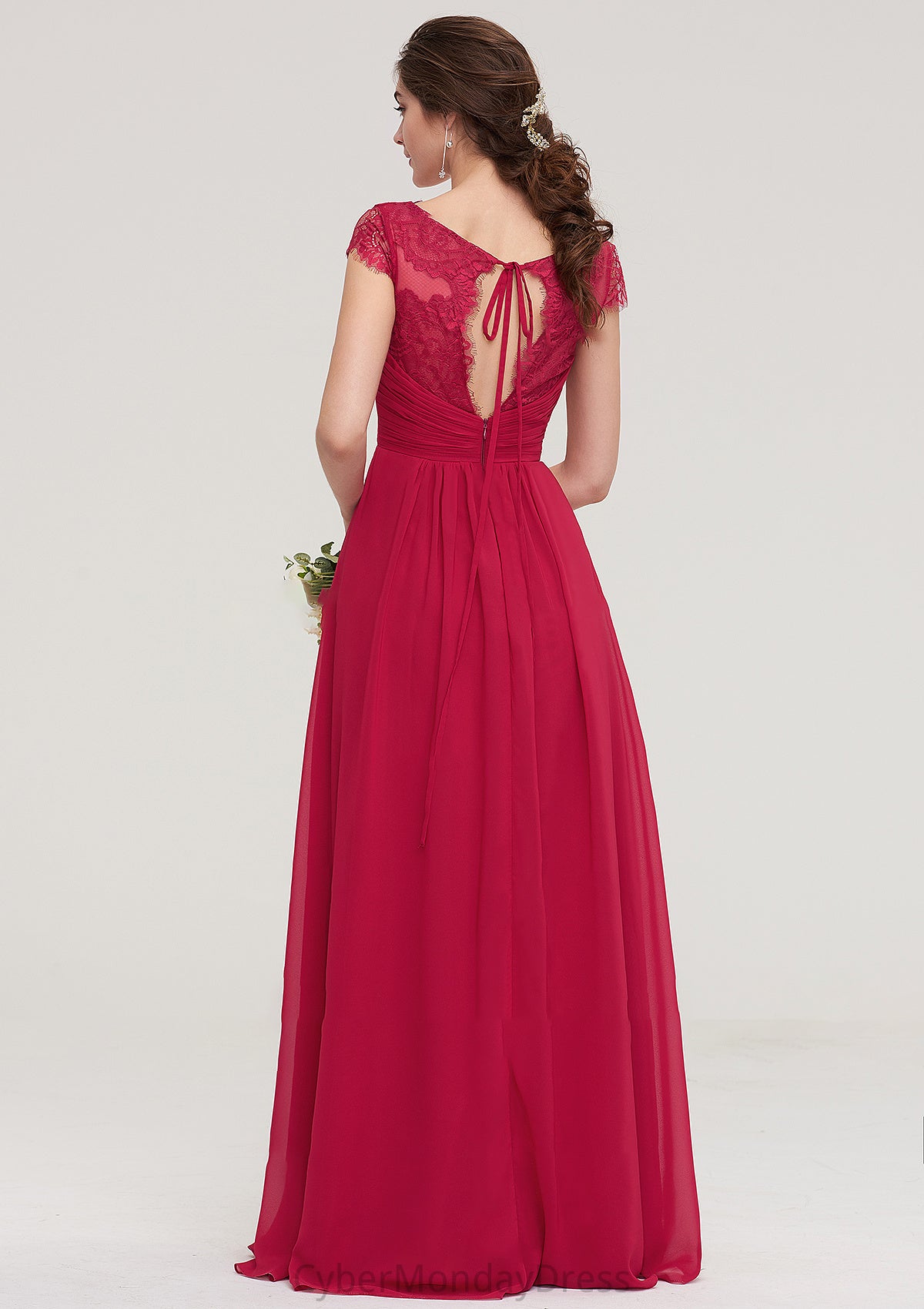 Sleeveless V Neck Long/Floor-Length Chiffon A-line/Princess Bridesmaid Dresses With Lace Pleated Mireya DTP0025486