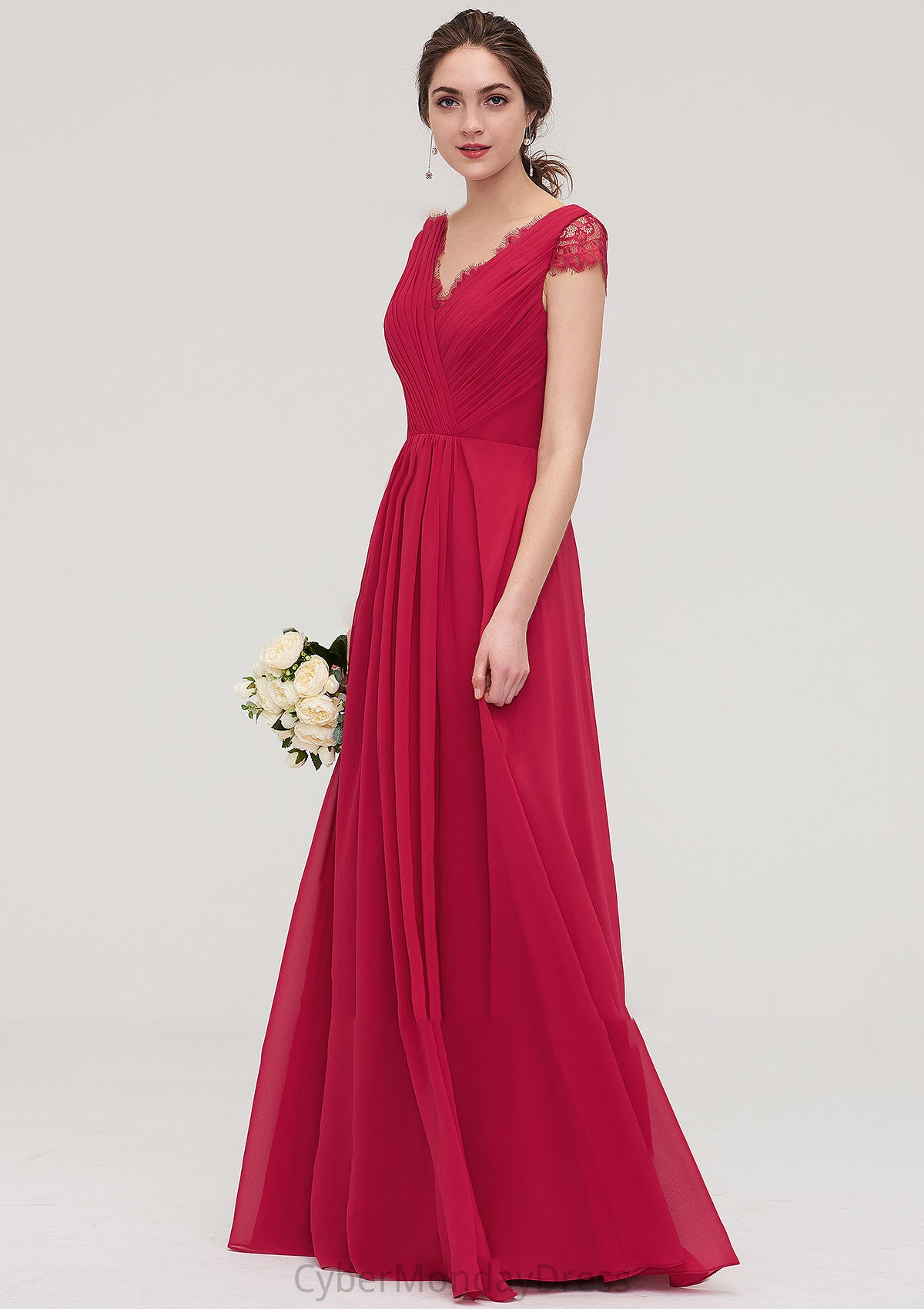 Sleeveless V Neck Long/Floor-Length Chiffon A-line/Princess Bridesmaid Dresses With Lace Pleated Mireya DTP0025486