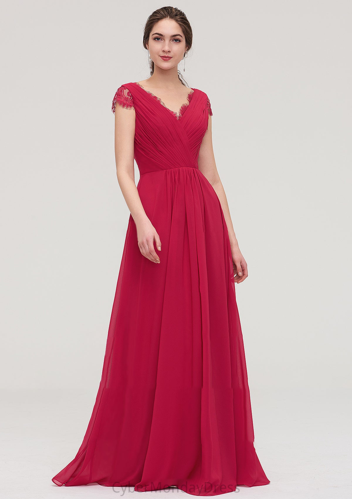 Sleeveless V Neck Long/Floor-Length Chiffon A-line/Princess Bridesmaid Dresses With Lace Pleated Mireya DTP0025486