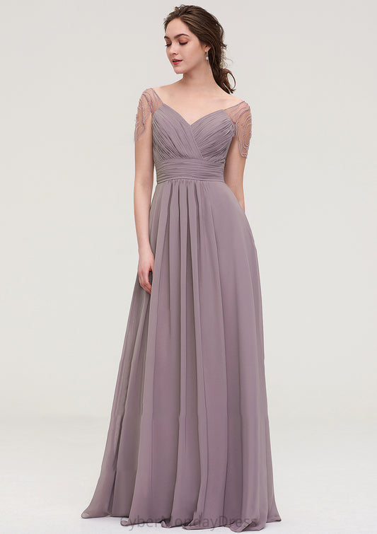 Short Sleeve Sweetheart Long/Floor-Length Chiffon A-line/Princess Bridesmaid Dresses With Pleated Beading Michaela DTP0025487