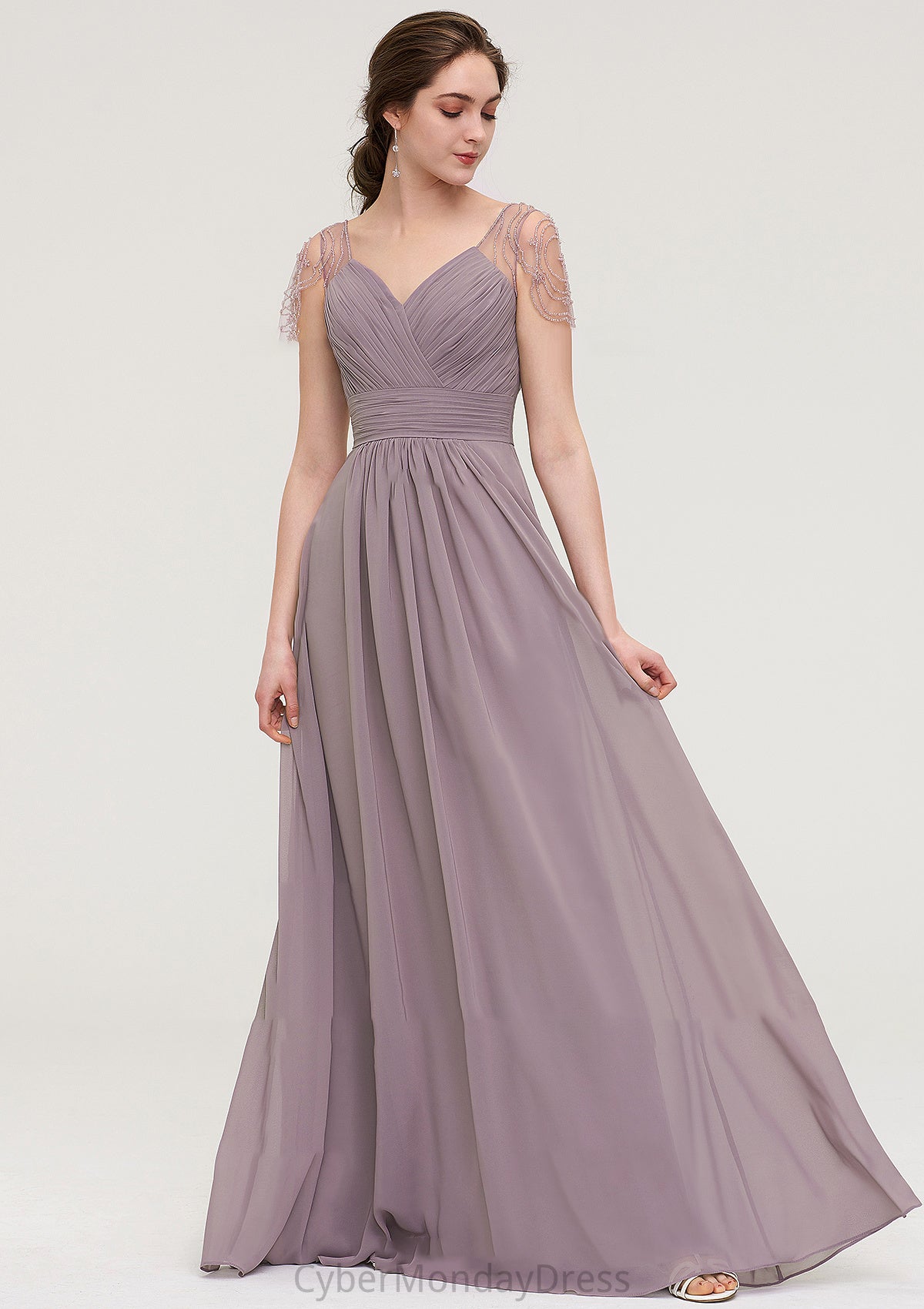 Short Sleeve Sweetheart Long/Floor-Length Chiffon A-line/Princess Bridesmaid Dresses With Pleated Beading Michaela DTP0025487