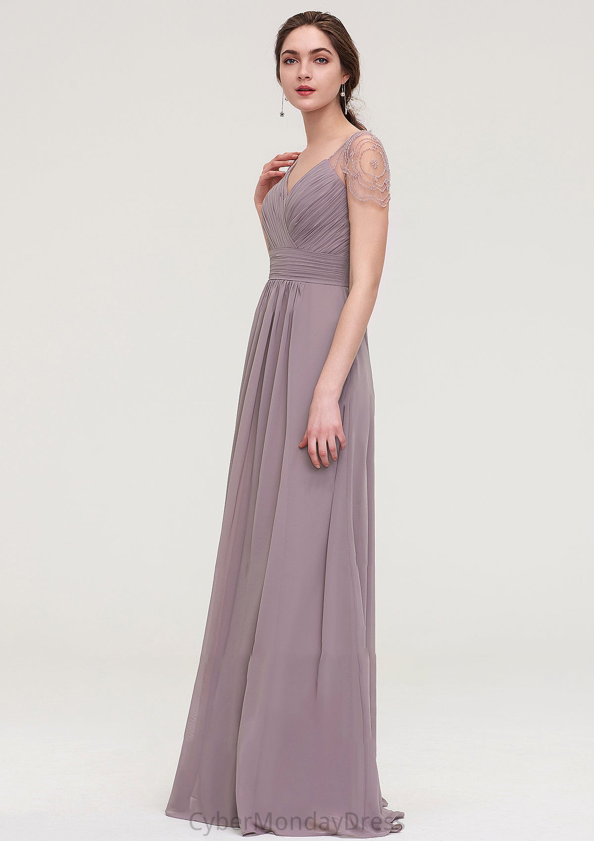 Short Sleeve Sweetheart Long/Floor-Length Chiffon A-line/Princess Bridesmaid Dresses With Pleated Beading Michaela DTP0025487